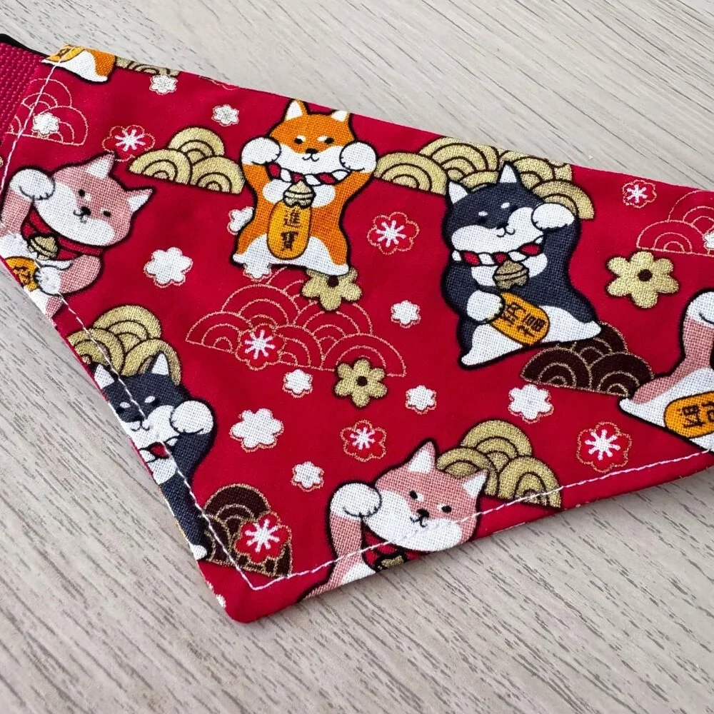 Japanese Fortune Dog Bandana Collar Adjustable Pet Bandana Red Size M